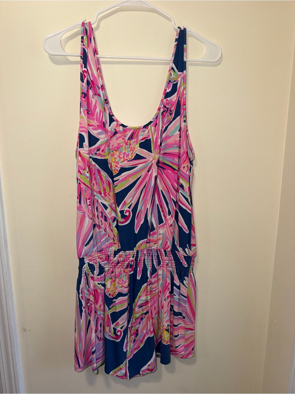 Lilly Pulitzer Navy Romper with Pink Tropical Floral Print
